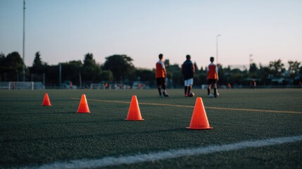 Youth soccer practice cones arranged on field with players in background. scene captures vibrant evening atmosphere, showcasing excitement of training and teamwork