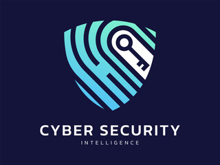 Cyber security intelligence data protection with overlapping digital fingerprint access key in shield technology vector logo design concept. Abstract shield security icon logotype for ID ui, web.
