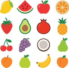  Flat Vector Fruit Collection, Colorful Tropical and Fresh Fruit Icons