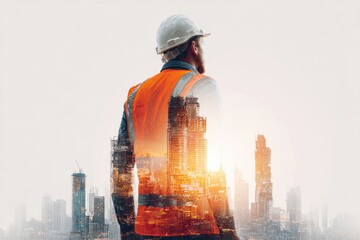 Construction worker, city skyline overlay