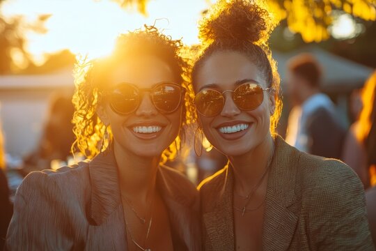 Happy multiethnic lesbian female colleagues celebrating LGBTQ+ Pride Month. Candid golden hour portrait of gay interracial businesswomen. Reflecting an inclusive and diverse, Generative AI