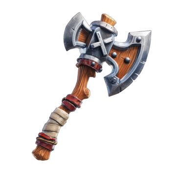 Two-headed axe with metal blades and wooden handle