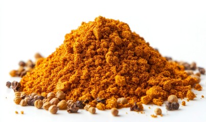 Minced curry pile with turmeric, fenugreek, mustard, coriander, paprika, pepper, and cumin, arranged on a white background, representing the rich flavor and diversity of spices, Generative AI