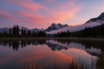 Fototapeta premium A serene pink and purple sunset casts vibrant hues over a rugged mountain ridge, with soft gradients blending cotton-candy skies into a snow-capped peak