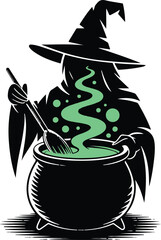 Witch stirring cauldron silhouette vector illustration design