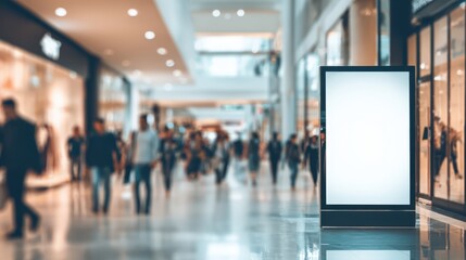 Obraz premium Blank Advertisement Billboard Mockup Inside Modern Shopping Mall with Blurred People Walking, Perfect for Commercial Use