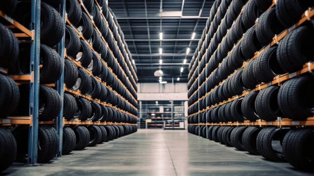 Tire storage warehouse with organized rows of tires on metal racks