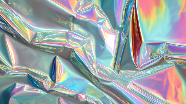 Holographic foil texture reflecting vibrant light and creating cool abstract art