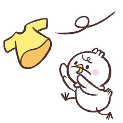 飛んでいく洗濯物を追いかける白い鳥のイラスト