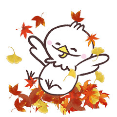 落ち葉で遊ぶ白い鳥のイラスト