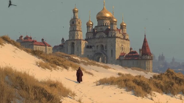 Person walking towards orthodox monastery with golden domes on sandy hill at sunset. Religious building in winter landscape. Russian traditional architecture view