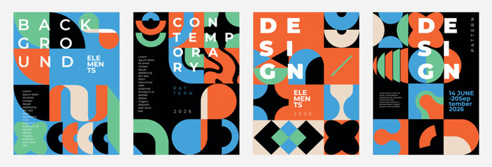 Modern abstract posters with geometric shapes in bold orange, blue, green, black, and beige. Perfect for creative projects, branding, advertising, and interior decor.