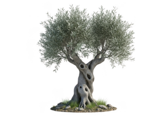 Ancient gnarled olive tree with twisted trunk isolated on a transparent background