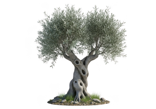 Ancient gnarled olive tree with twisted trunk isolated on a transparent background