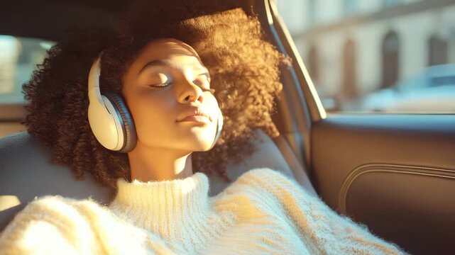 Young woman with curly hair wearing headphones and cozy sweater relaxing with closed eyes in car interior enjoying sunlight peaceful moment and leisure travel comfort audio music lifestyle