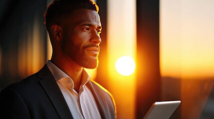 Thoughtful businessman gazing at a sunset through a window.