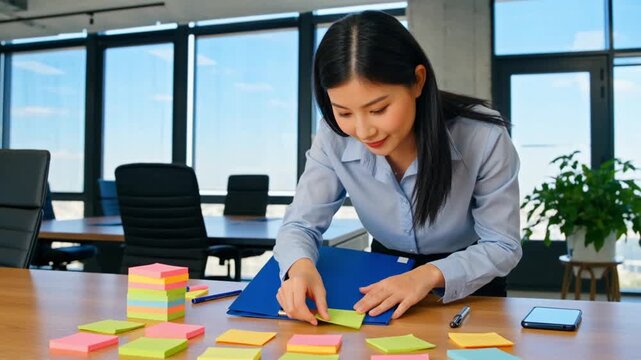 Sunny blue light shines through the floor-to-ceiling windows, colorful sticky notes are placed on the desk, and a female employee sticks them on a folder