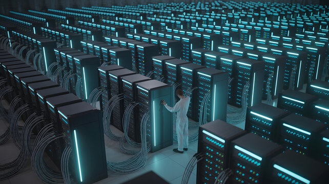 Data Center Technician: A lone technician diligently maintains an extensive network of servers, highlighting the importance of technology and information management.