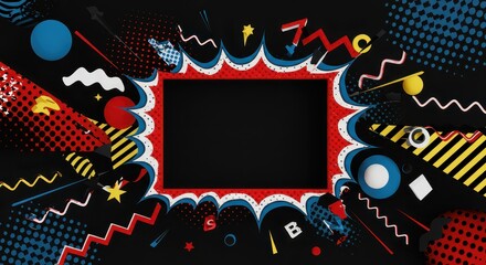 Obraz premium Bursting with Creativity: A dynamic composition of geometric shapes, explosions, and a central frame, all rendered in vivid colors against a dark backdrop, exudes energy and artistic flair.