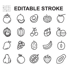 A collection of fruit icons. Thin line style vectors. Contains icons of various types of fruit, such as mangosteen, avocado, melon, and more.