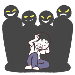黒い集団に囲まれる男の子のイラスト