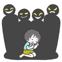 黒い影の集団と虐待されている子供のイラスト