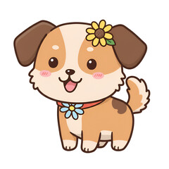 Cute Cartoon Dog With Sunflower Headband on Transparent Background