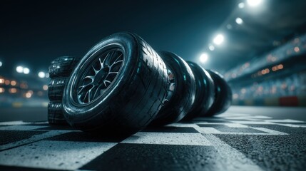Racing Tires Stacked on Checkered Start Line at Night, Depicting Motorsport and Automotive Themes