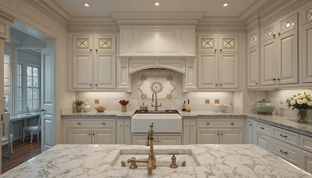 High-End Kitchen Room with Classic White Cabinetry, Ornate Crown Molding, and a Large Farmhouse Sink.

