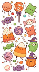 Cute Halloween Candy Characters Illustration on Black Background