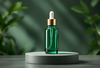 Green Glass Serum Bottle on Podium – Skincare Product Mockup