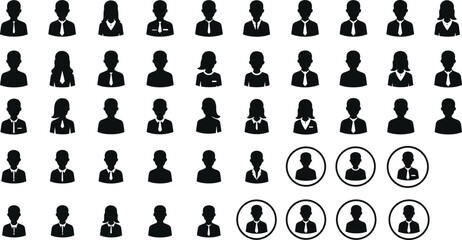 Business people silhouettes, male and female avatar icons, corporate profile vector set, office staff symbols, professional employee pictogram collection
