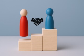 Conceptual Business Agreement Illustration: Wooden Figures on Steps with Handshake Symbol, Corporate Partnership