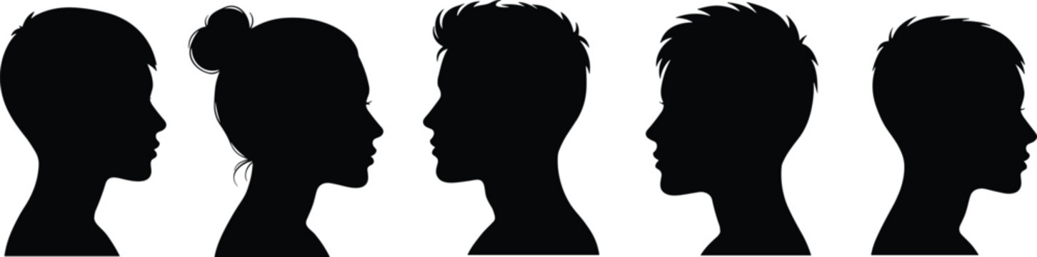 Male and female head silhouettes, side profile vector set, black face outline icons, people avatar shapes, human head pictograms