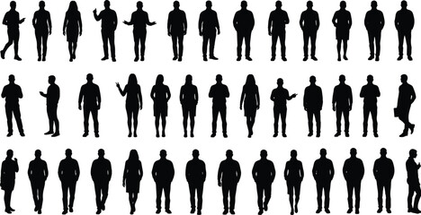 Silhouette collection of standing and walking people, male and female figures, vector illustration, black silhouettes, diverse poses, isolated, white background, casual attire, business style