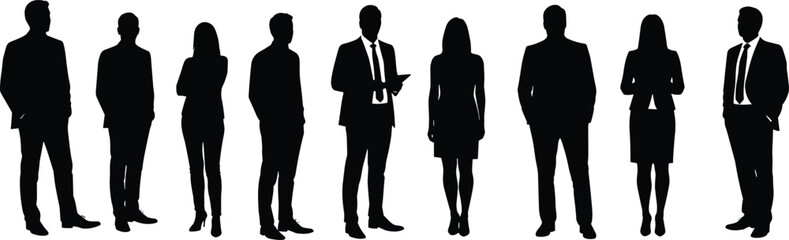Silhouette group of business people, men and women standing, formal attire, teamwork concept, vector illustration, isolated, corporate professional poses