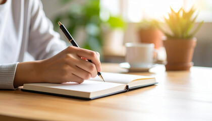 Woman's hands writing in a notebook at a wooden desk with coffee