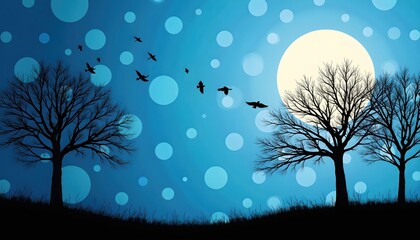 Birds and Hollow Circles Across a Surreal Blue Forest