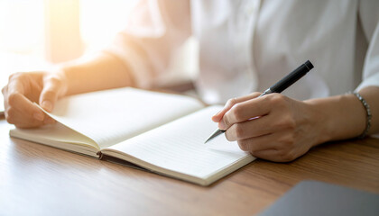 Hands of a woman writing in a notebook on a desk