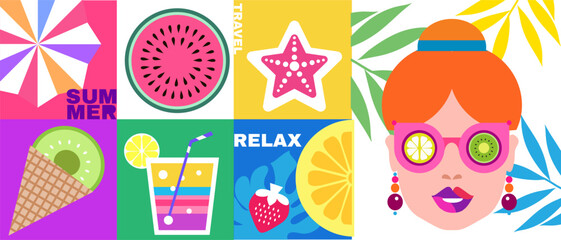 Pretty women, summer girl in cartoon style concept design, modern abstract background Vector cute flat illustration