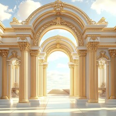Fototapeta premium A fancy, gold archway with columns. It looks like a gate to a magical palace, designed in a classic, luxurious style. 