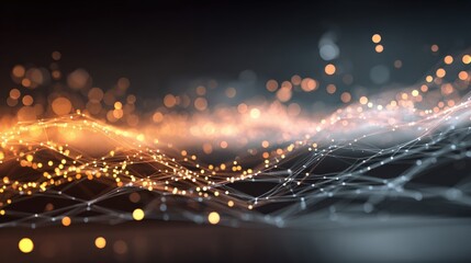 Abstract Technology Background with Glowing Connected Dots, Orange and White Network Visualization, Dark Backdrop