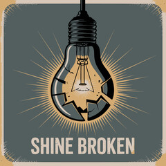 A shattered incandescent light bulb with its filament glowing brightly symbolizing a broken idea or a new beginning after failure set against a textured vintage background with radiating lines
