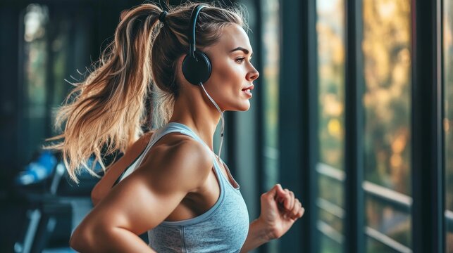 A fit woman runs on a treadmill in her home gym. She's listening to music or a podcast while working out. You can see a nice view from the window.
