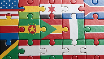 Racial harmony promotes peace and unity. Flags from various countries are arranged like a puzzle, showcasing global unity and diversity.