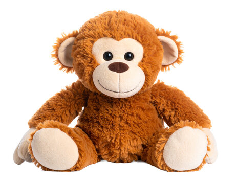 A cute brown plush monkey toy with a cheerful expression and a soft, huggable body, isolated on a white background.