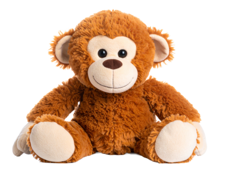 A cute brown plush monkey toy with a cheerful expression and a soft, huggable body, isolated on a white background.
