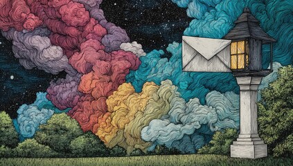 Night sky, colorful clouds, mailbox