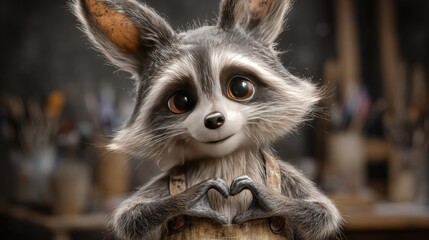 Cute raccoon character forming a heart shape with hands.