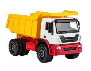 A yellow baby toy dump truck with a simple design and black wheels, isolated on a white background.